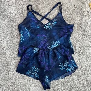 Katherine Bishop 2pc Lingerie Set L Blue Floral Sheer Strappy Cami Flutter Short